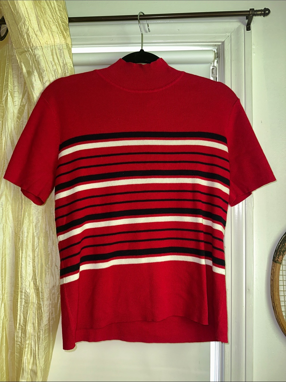 Emma James Red Short-Sleeve Striped Top with Black & White Bands